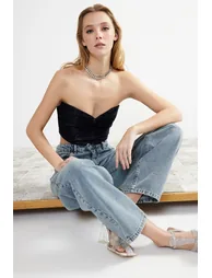 Navy Blue Crop Knitted Shiny Bustier - 5
