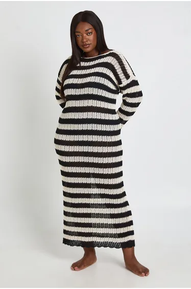 Plus Crochet Knit Scoop Back Beach Maxi Dress - black