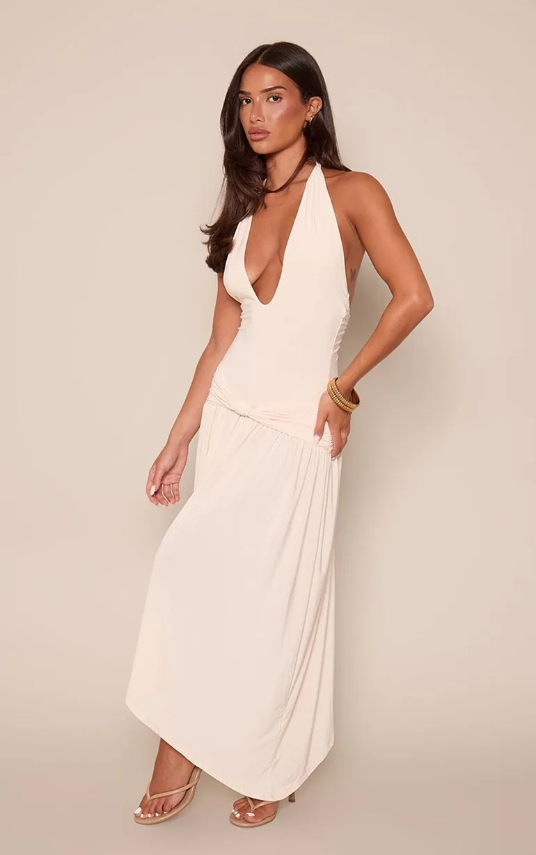 Butter Cream Slinky Plunge Twist Front Midaxi Dress - 1
