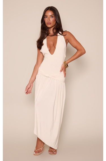 Butter Cream Slinky Plunge Twist Front Midaxi Dress
