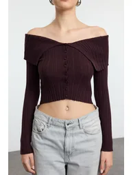 Dark Brown Crop Premium Yarn/Special Yarn Knitwear Cardigan - 4