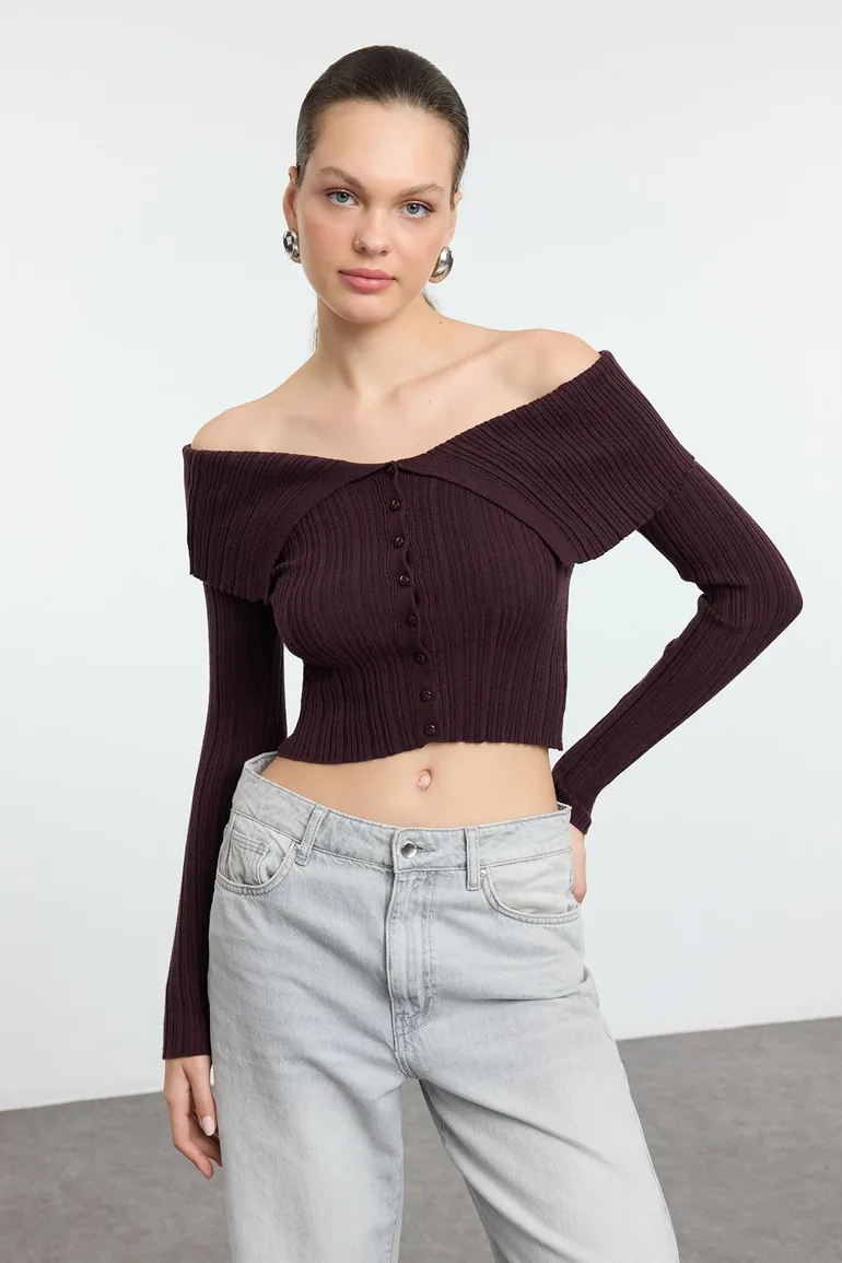 Dark Brown Crop Premium Yarn/Special Yarn Knitwear Cardigan