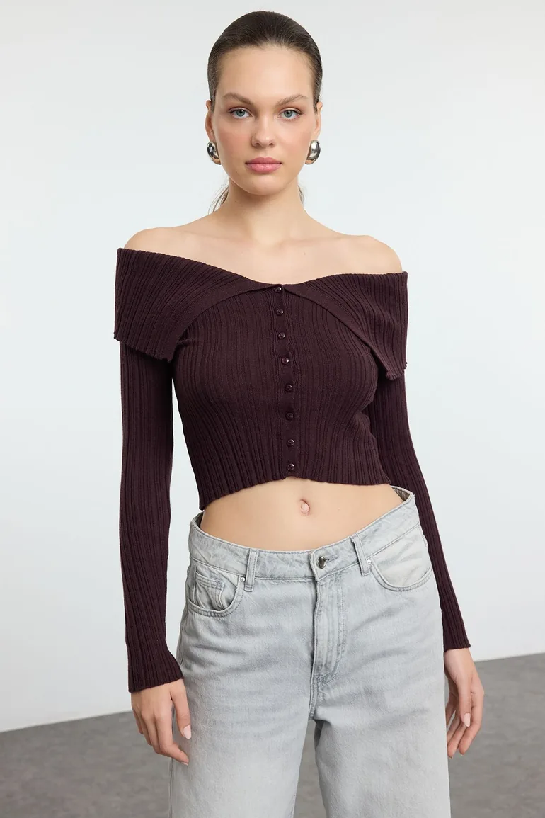 Dark Brown Crop Premium Yarn/Special Yarn Knitwear Cardigan - 3