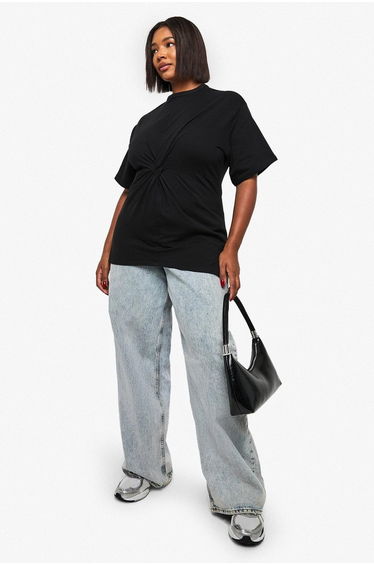 Plus Ruched Knot Detail Short Sleeve Top - black