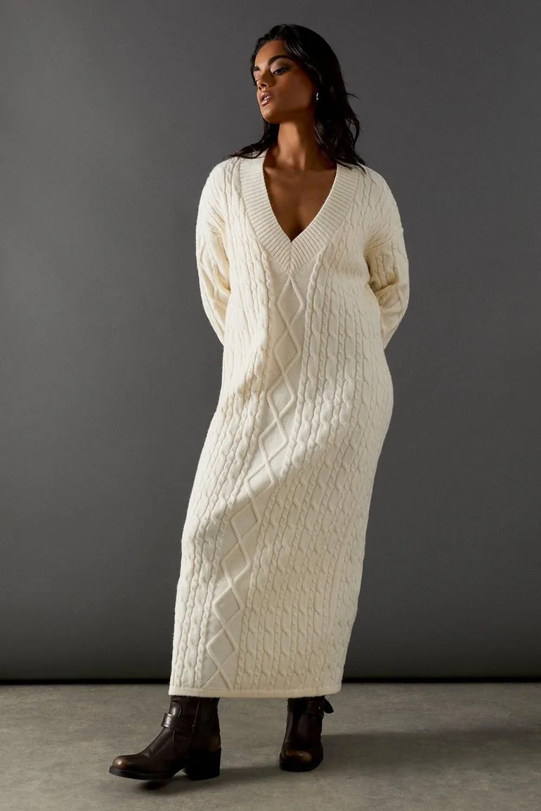 Cosy Cable Knit V Neck Maxi Jumper Dress