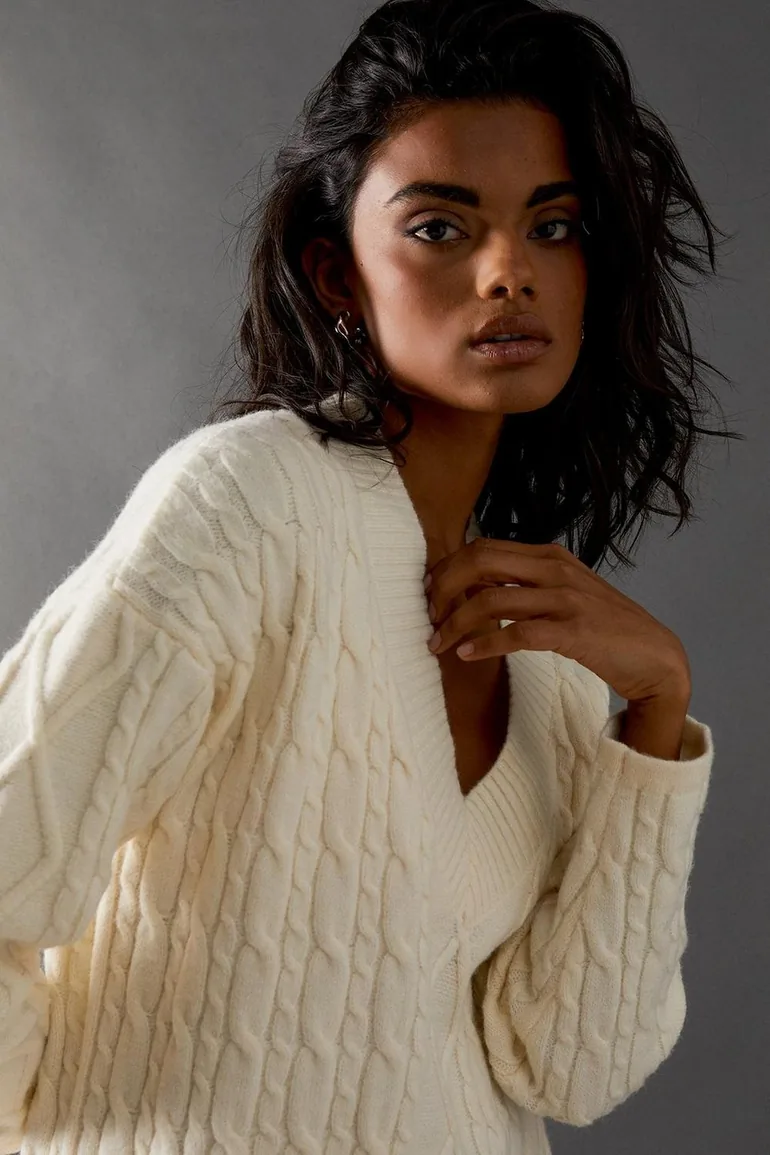 Cosy Cable Knit V Neck Maxi Jumper Dress - 3