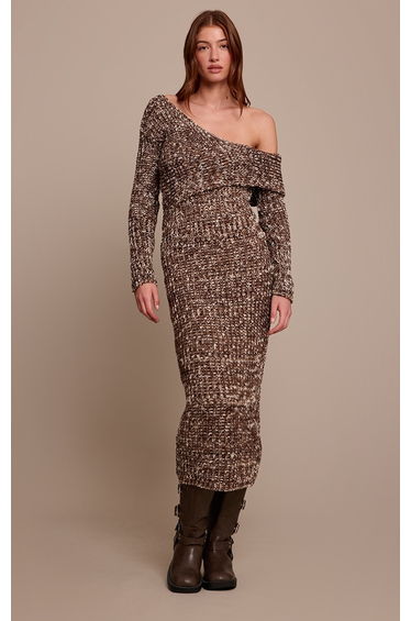 Brown Chunky Knit Asymmetric Midi Dress
