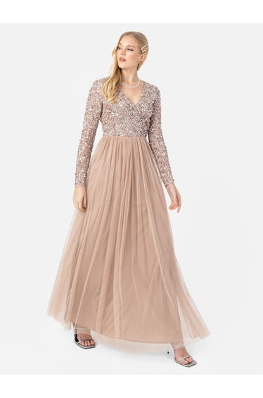 Maya Taupe Blush Faux Warp Front Embellished Maxi Dress