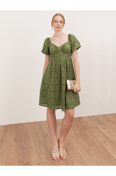 Lovedrobe Khaki Broderie Bow Detail Mini Dress