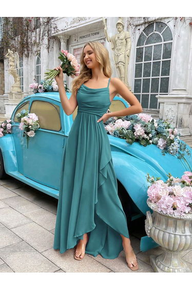QOQ Green Ruched Maxi Evening Dress