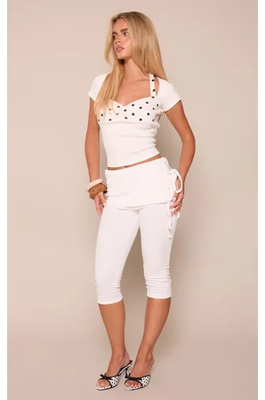 Petite White Polka Dot Detail Ribbed Fitted Top