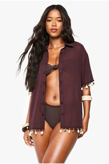 Shell Embellished Beach Shirts - chocolate