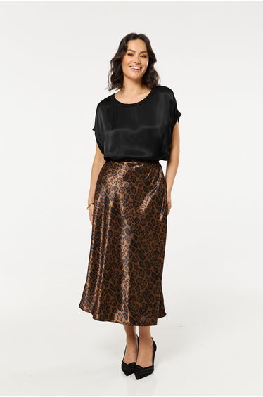 Leopard Print Satin Midi Skirt
