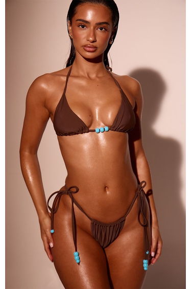 Chocolate Contrast Bead Trim Tie Side Bikini Bottoms