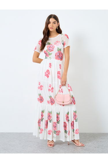 Mesh Fabric Floral Print Tiered Maxi Dress