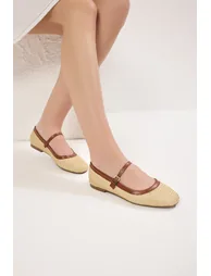 Beige/Camel Knitted Patterned Brown Piping Detailed Straw Square Toe Mary Jane Women's Ballerinas - 1