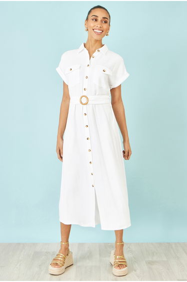 Yumi White Viscose Linen Look Midi Shirt Dress With Wooden Belt