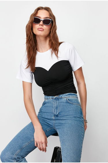 Color Block Fitted Gathered Detail Short Sleeve Stretch Knit Blouse