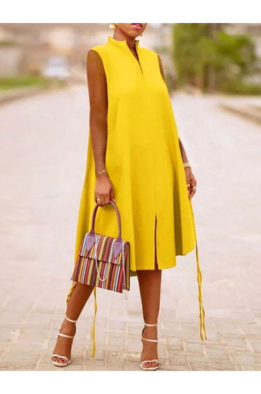 A-Line Sleeveless Solid Color Split-Joint Split-Side Streamer V-Neck Midi Dresses
