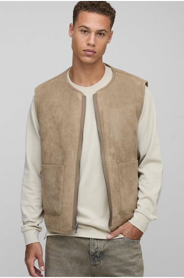 Tall Boxy Oversized Fit Reversible Borg & Suede Gilet - ecru