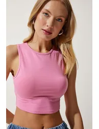Women's Pink Halter Neck Crop Knitted Blouse - 1