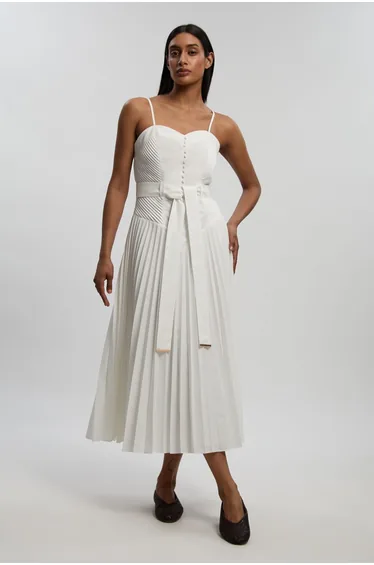 Cotton Top Stitch Dropped Waist Woven Strappy Midi Dress
