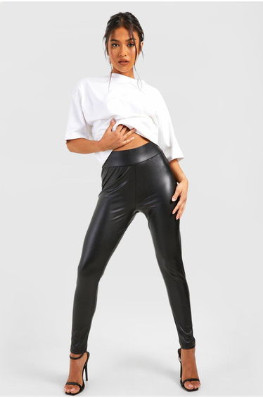 Petite Super Stretch Waist Shaping Leather Look Leggings - black