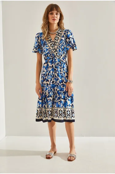 Women's Wrap Neck Waist Gathered Skirt Ruffle Detailed Dress