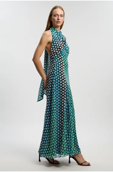 Polka Dot Drama Halter Pleat Insert Woven Maxi Dress