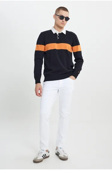 Black-mustard standard fit regular cut polo neck 100% cotton patterned knit sweater