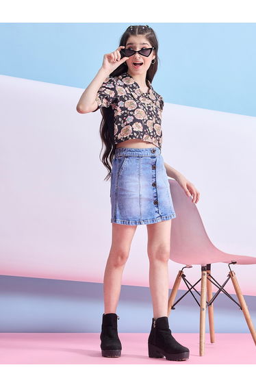 Girls Floral Print Collared Crop Top