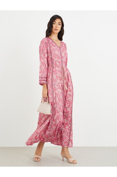 All Over Print V Neck Jalabiya with Lace Trim