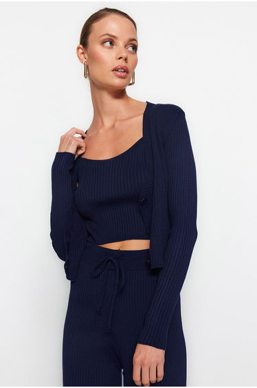 Navy Blue Corduroy Blouse Cardigan Trousers Knitwear Bottom-Top Set
