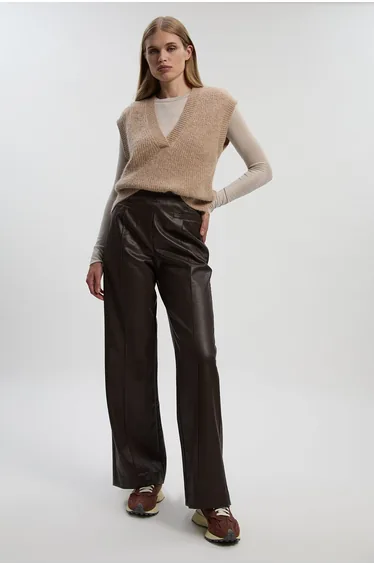 Faux Leather Seam Detail Wide Leg Tailored Trouser