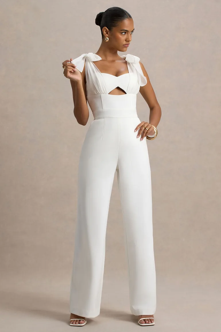 جمبسوت أورجانزا بأرجل بحافة واسعة بفيونكة بحمالات رفيعة - أبيض - 3