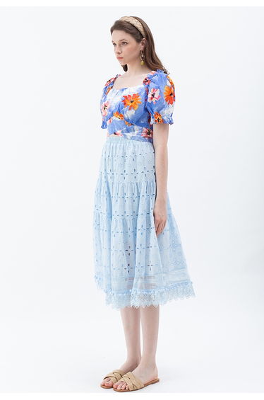 Bowknot Back Floral Print Crop Top in Blue
