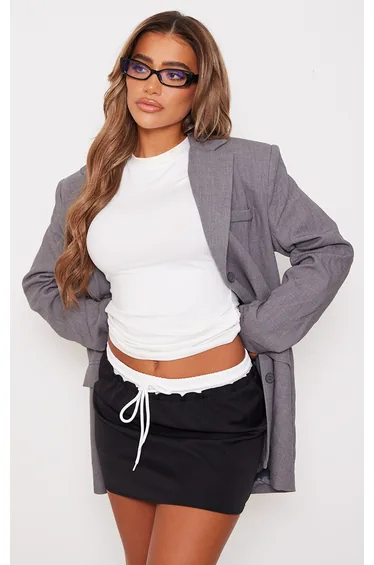 Black Woven Double Waistband Mini Skirt