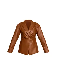 Tan Faux Leather Cinch Waist Blazer - 4