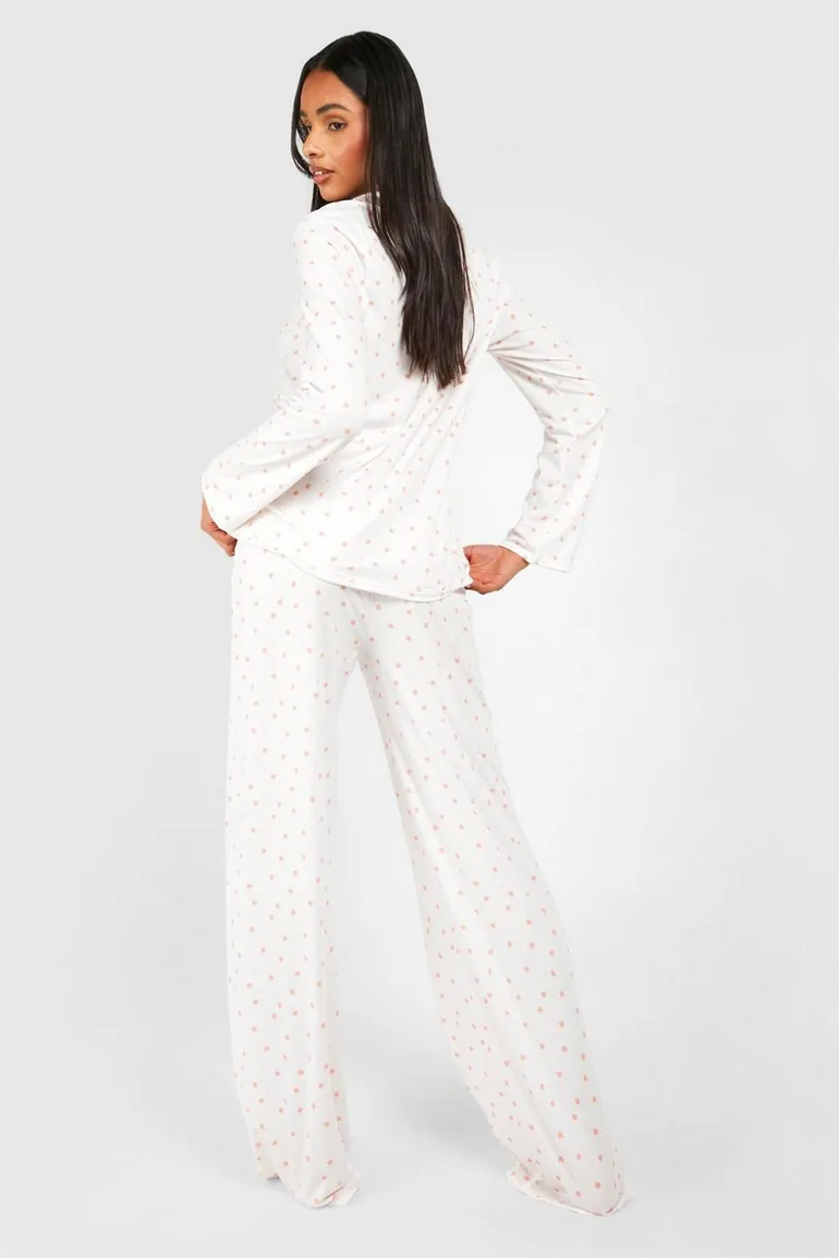 Tall Peach Print Shirt And Trouser Pj Set - white - 2