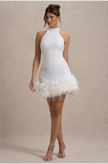 Lumi | White Sequin High-Neck Feather Trim Mini Dress