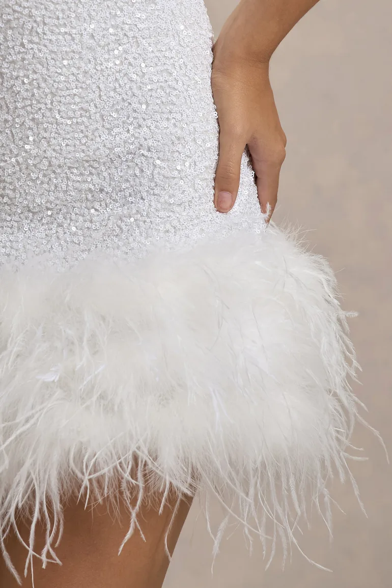 Lumi | White Sequin High-Neck Feather Trim Mini Dress - 5