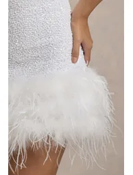 Lumi | White Sequin High-Neck Feather Trim Mini Dress - 5