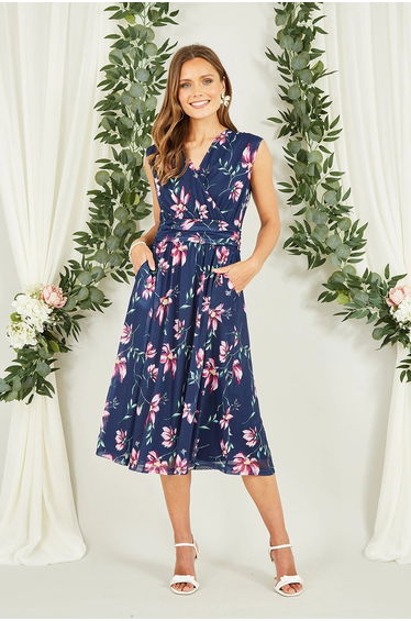 Yumi Navy Floral Print Mesh Stretch Midi Dress With Pockets product thumbnail 3