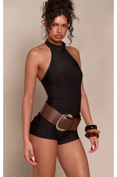 Black Double Layer Slinky Oversized Belt Detail Unitard
