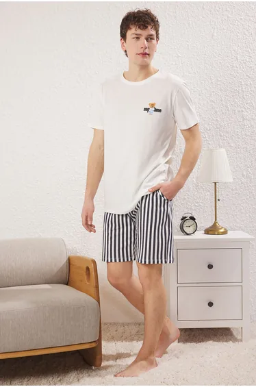 Black Striped Regular Fit Couple/Double Knitted Shorts 100% Cotton Men's Pajama Set