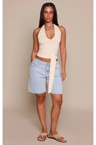 Petite Lemon Soft Cotton Halterneck Wrap Waist Detail Cami Top