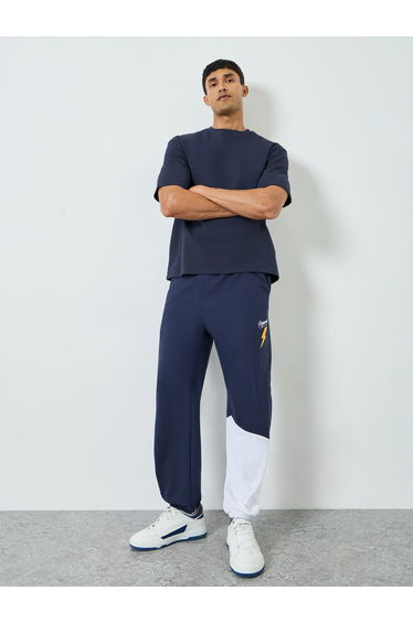 Men Navy Color Block Joggers with Drawstring