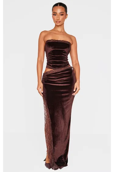 Petite Chocolate Velvet Lace Trim Detail Maxi Skirt