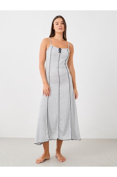 Ribbed Contrast Lettuce Hem Slip Dress with Bow Detail