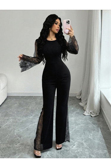 Black Flared Jumpsuit with Lace Sleeves